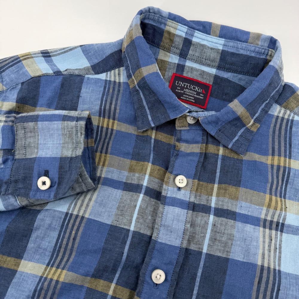 UNTUCKit Button Down Shirt Mens Medium Blue Plaid Slim Fit Linen Long Sleeve